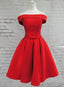 Red Satin Short Prom Dress, Red Off Shoulder Homecoming Dresses