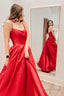 Red Satin Spaghetti Straps A Line Prom Dresses
