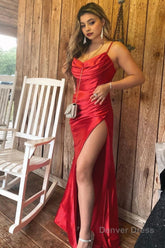 Red Satin Spaghetti Straps Prom Dress with Ruffles