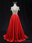 Red Satin V Neck Beading Prom Dresses