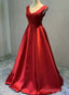 Red Satin V Neckline Floor Length Prom Dress, Backless Red Prom Dresses