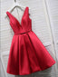 Red Satin V Neckline Knee Length Homecoming Dress, Red Short Prom Dresses