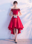 Red Satin With Lace Beaded High Low Homecoming Dresses