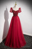 Red Scoop Neckline Tulle Prom Dress with Beaded, A Line Short Sleeve Prom Dresses