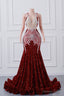 Red Sequin Mermaid Prom Dresses Luxury Silver Crystal Beaded Sheer Neck Long Prom Gown for Black Girls