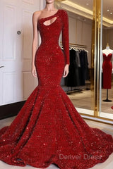 Red Sequined Black Girls Mermaid Prom Dresses Plus Size One Shoulder Long Sleeve Sequined Keyhole Prom Gowns