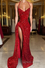 Red Sequins Prom Dresses High Slit Halter Sleeveless Sparkly Long Party Evening Dresses for Black Girls