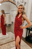 Red Sequins V Neck Backless Prom Dresses with Slit