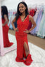 Red Sequins V Neck Prom Dresses with Slit