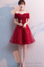 Red Shiny Tulle And Satin Off Shoulder Short Homecoming Dress, Red Prom Dress