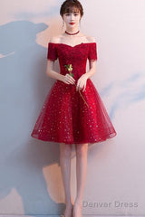 Red Shiny Tulle And Satin Off Shoulder Short Homecoming Dress, Red Prom Dress