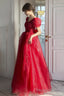 Red Shiny Tulle Short Sleeves Long A-Line Prom Dress, Red Wedding Prom Dresses