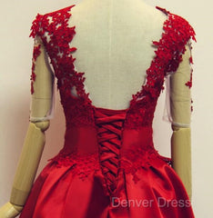 Red Short Sleeves Satin And Applique Homecoming Dresses, Red Short Prom Dresses, Formal Dresses