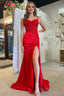 Red Spaghetti Strap Appliques Mermaid Long Dresses with Slit