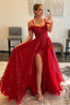 Red Sparkly Detachable Train Sequins Long Prom Dresses with Slit