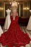 Red Square Mermaid Prom Dresses Beads Sequins Long Sleeveless