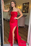Red Strapless Lace Up Ruched Mermaid Long Prom Dresses with Slit