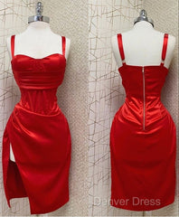 Red Sweetheart Neckline Slit Homecoming Dresses Midi Prom Dresses