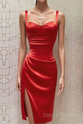 Red Sweetheart Neckline Slit Homecoming Dresses Midi Prom Dresses