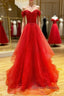 Red sweetheart off shoulder tulle long prom Dress tulle Prom Dresses