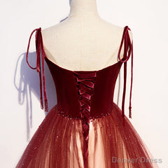 Red Sweetheart Velvet and Tulle Straps Long Party Dress, Gradient Tulle A-line Prom Dress