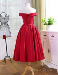 Red Tea Length Vintage Style Wedding Party Dresses, Off Shoulder Formal Dresses, Red Party Dresses