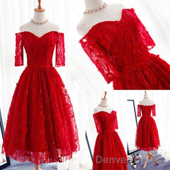 Red Three-Quarter Sleeve Sweetheart Off Shoulder Tea-Length Lace Up Back Homecoming Dresses