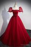 Red Tulle Floor Length Prom Dress, Red Short Sleeve Graduation Dresses