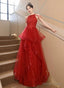Red Tulle Halter A Line Long Prom Dress, Red Tulle Prom Dress
