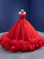 Red Tulle Halter Backless Beading Crystal Prom Dresses