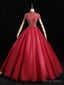 Red Tulle High Neck Cap Sleeve Beading Quinceanera Dresses