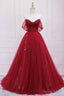 Red Tulle Long A Line Prom Dress, Off the Shoulder Prom Dresses