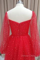 Red Tulle Long Puffy Sleeves Short Prom Dresses, Red Tulle Homecoming Dresses