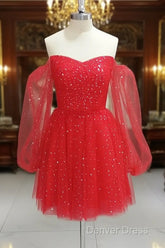 Red Tulle Long Puffy Sleeves Short Prom Dresses, Red Tulle Homecoming Dresses