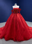 Red Tulle Long Sleeve Off the Shoulder Pearls Prom Dresses