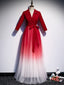Red Tulle Long Sleeve V Neck Prom Dresses