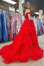 Red Tulle Off The Shoulder Ruffle Tiered Long Prom Dresses