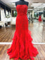Red Tulle Ruffle Lace Mermaid Prom Dress, Red Lace Ruffle Mermaid Long Prom Dresses