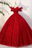 Red Tulle Sequins Long Prom Dress, Off the Shoulder Prom Dresses