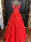 Red Tulle Sequins Spaghetti Straps Beading Prom Dresses
