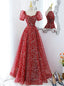 Red Tulle Sequins Square Puff Sleeve Prom Dresses