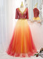 Red Tulle Sequins V Neck Short Sleeve Prom Dresses