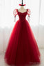 Red Tulle Short Sleeve Prom Dress, A Line Floor Length Prom Graduation Dresses