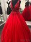 Red Tulle V Neck Backless Beading Prom Dresses