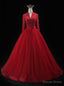 Red Tulle V Neck Long Sleeve Beading Prom Dresses