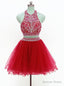 Red Two Piece Halter Tulle Backless Beading Homecoming Dresses