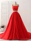 Red Two Pieces Satin Long Prom Dress Simple Red Prom Dresses