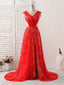 Red V Neck Lace Long Prom Dress, Lace Prom Dresses