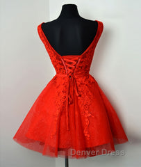Red v neck lace tulle short prom Dresses, red homecoming Dresses