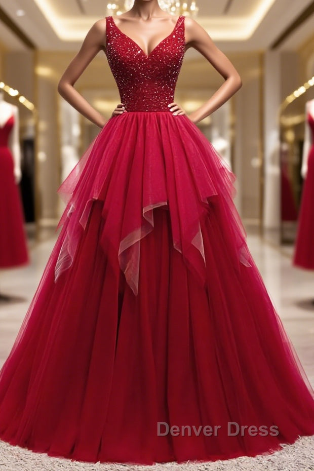 Red V Neck Long Prom Dresses with Corset Back, Red Floor Length Prom G